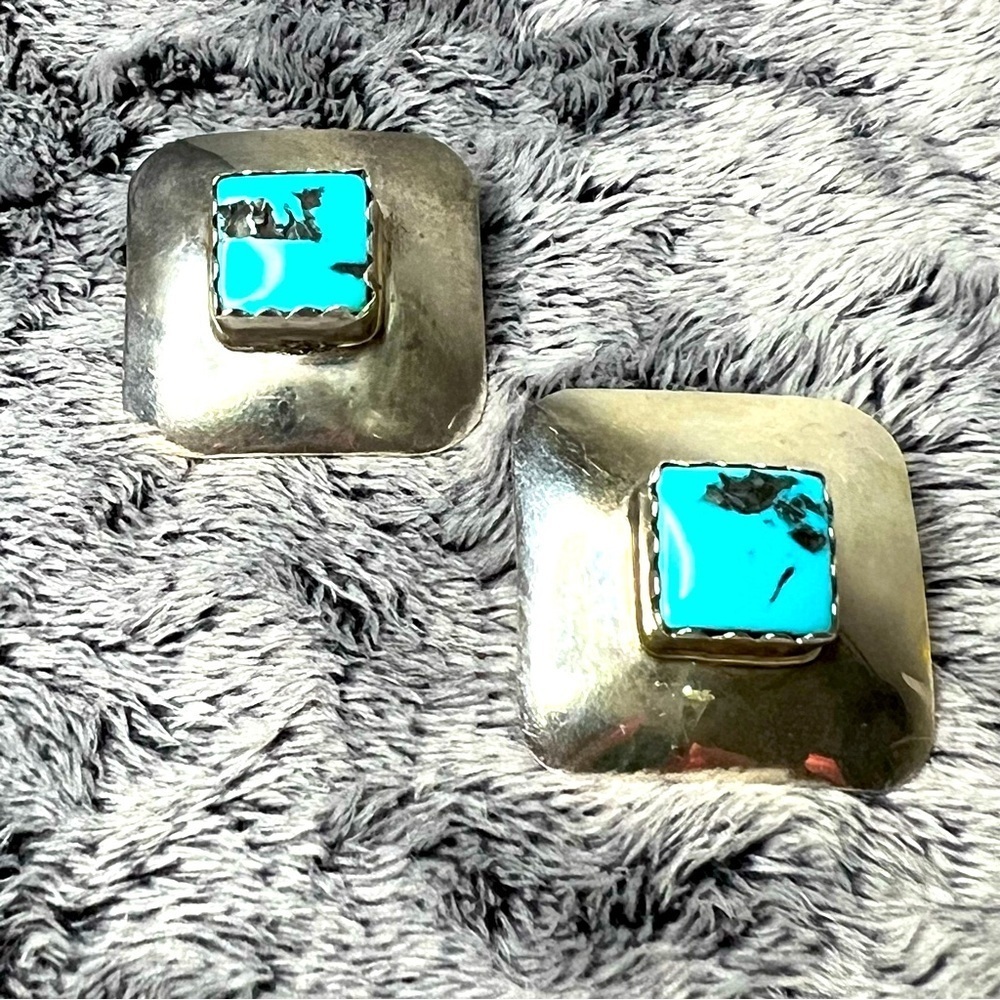 Vintage Navajo Sterling Silver Square Turquoise Bezel Set Earrings